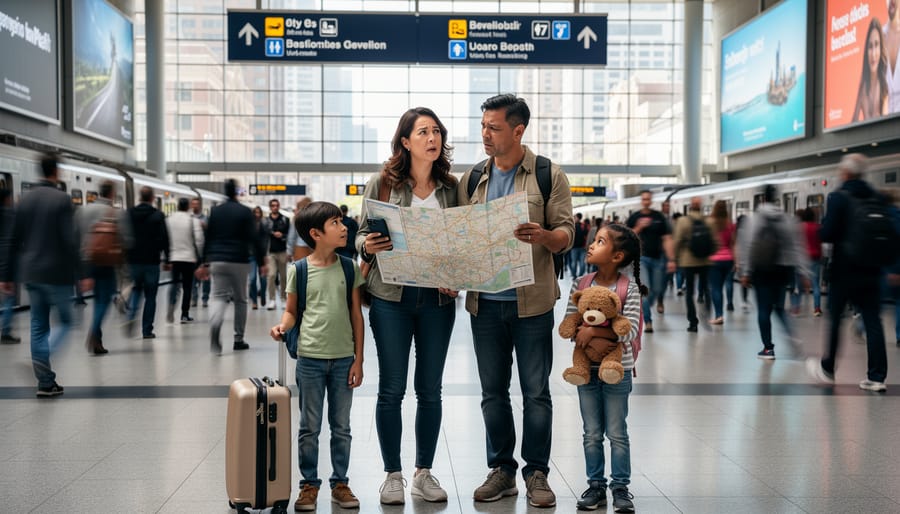 Multicultural family in a busy transit station, with parents and children appearing stressed while navigating a crowded environment