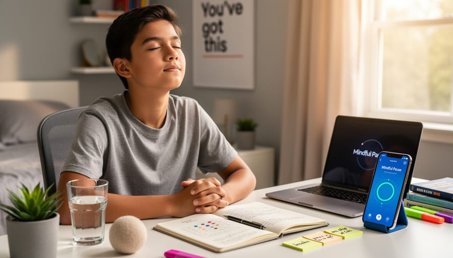 A teen sits at a desk with a notebook and calming items while a phone rests face-down, suggesting mindful coping with anxiety.