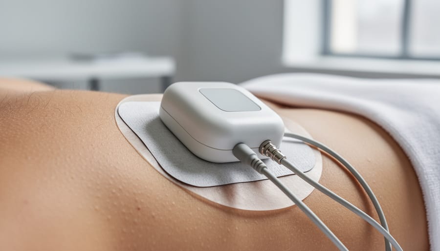 Close-up of a child’s hand holding a small medical stimulation device accessory with a connecting cable