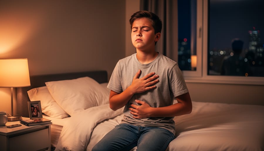 Teen resting on a bed at night with a hand on their chest, suggesting a calming breathing exercise
