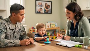 Military parent and toddler seated at a kitchen table with a supportive home visitor during an at-home parenting support visit.