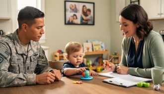 Military parent and toddler seated at a kitchen table with a supportive home visitor during an at-home parenting support visit.