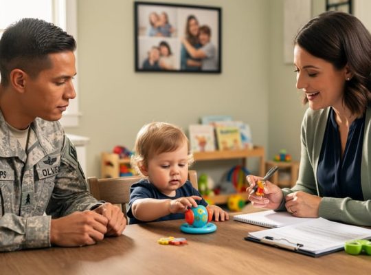 Military parent and toddler seated at a kitchen table with a supportive home visitor during an at-home parenting support visit.