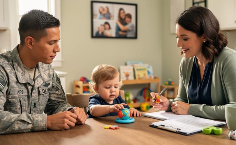 Military parent and toddler seated at a kitchen table with a supportive home visitor during an at-home parenting support visit.