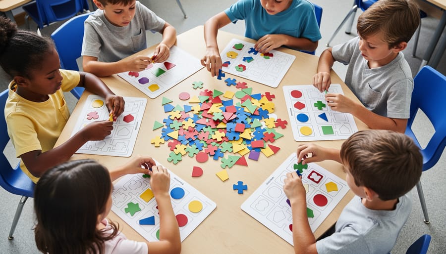 Overhead view of a jigsaw puzzle on the floor with pieces spread and one section completed