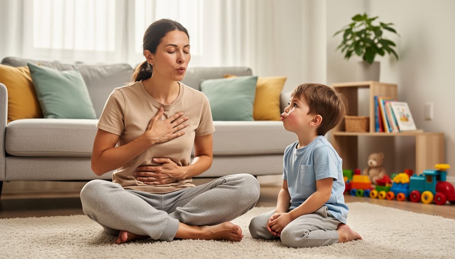 Parent and child sitting comfortably indoors while the parent gently demonstrates belly breathing with a hand on the child’s stomach.