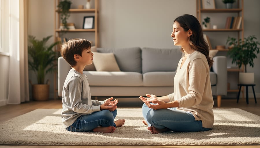 Parent and child sitting together calmly while practicing breathing with a stuffed animal