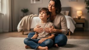 Parent and child practicing calming breathing exercises together on the bedroom floor during bedtime.