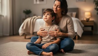 Parent and child practicing calming breathing exercises together on the bedroom floor during bedtime.