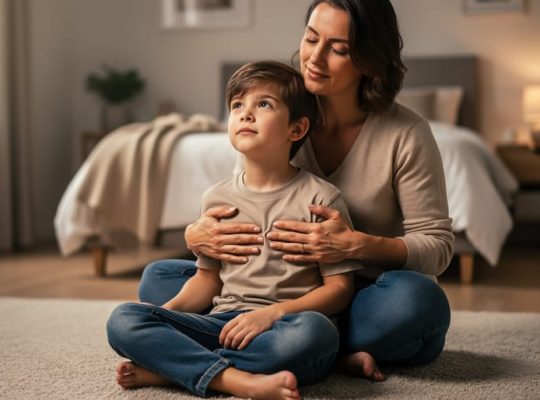 Parent and child practicing calming breathing exercises together on the bedroom floor during bedtime.