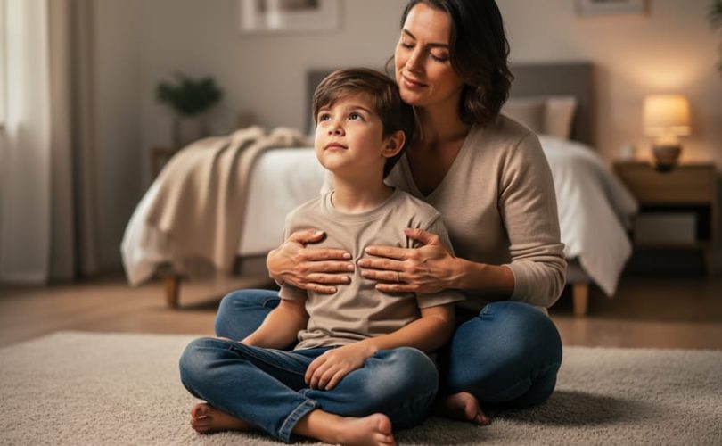 Parent and child practicing calming breathing exercises together on the bedroom floor during bedtime.