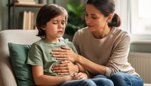 Parent and young child practicing breathing exercises at home with a hand on the child’s chest and calm expressions.