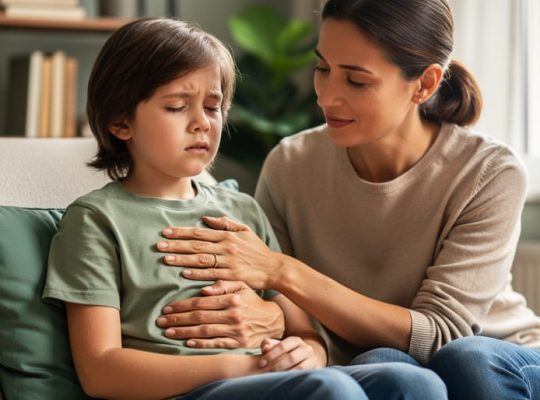 Parent and young child practicing breathing exercises at home with a hand on the child’s chest and calm expressions.