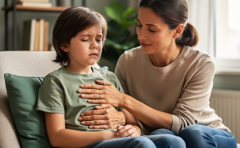 Parent and young child practicing breathing exercises at home with a hand on the child’s chest and calm expressions.