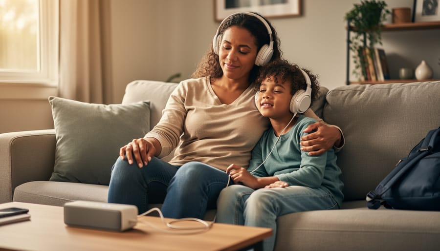 Parent and child sitting together in a cozy living room, listening to calming music with a comforting hand on the child’s shoulder.