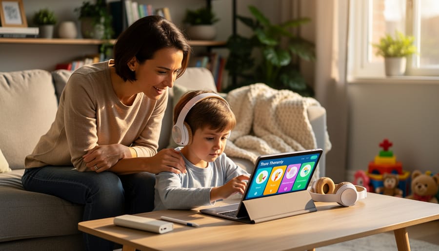 Parent and child sitting together at a desk with a tablet and a small wearable device nearby
