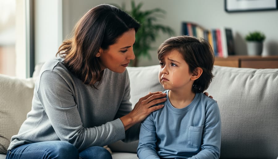 Parent and child sitting on the floor with calm, supportive expressions during an emotional moment at home.