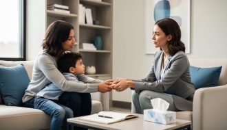Parent holding their child’s hand while meeting with a mental health professional in a calm clinic room.