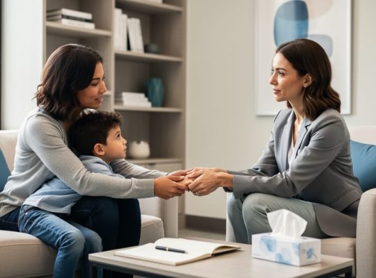 Parent holding their child’s hand while meeting with a mental health professional in a calm clinic room.