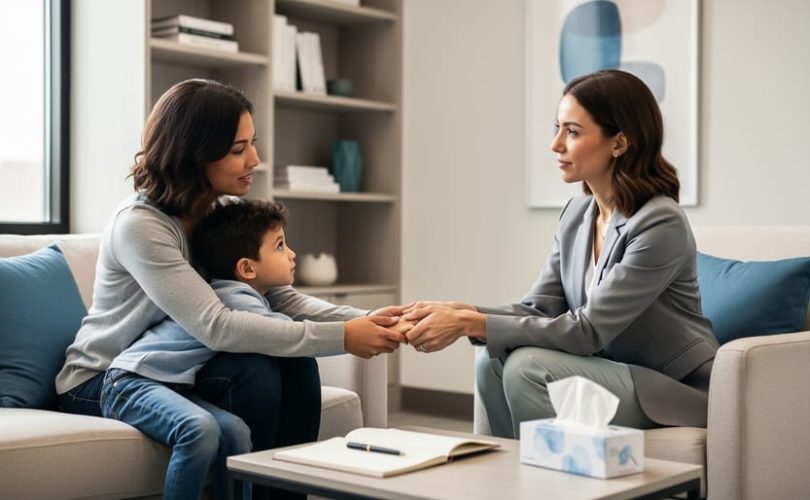 Parent holding their child’s hand while meeting with a mental health professional in a calm clinic room.