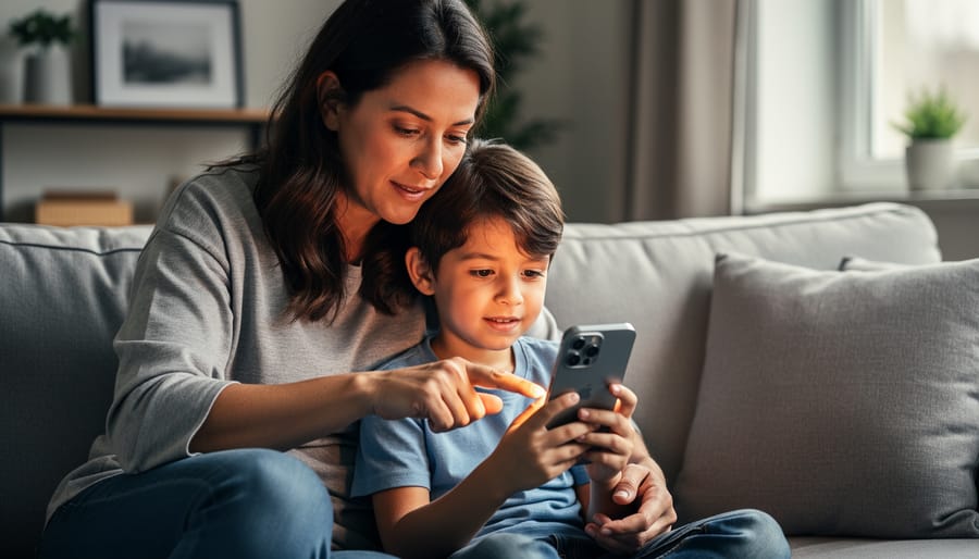 Parent gently guiding a child while they both look at a smartphone on a couch
