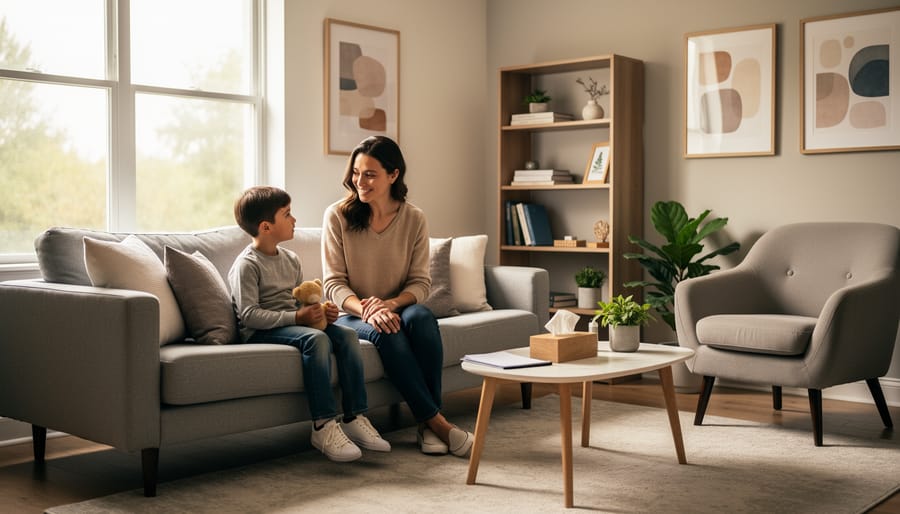 Parent and child seated together in a quiet therapist office, conveying comfort and support.