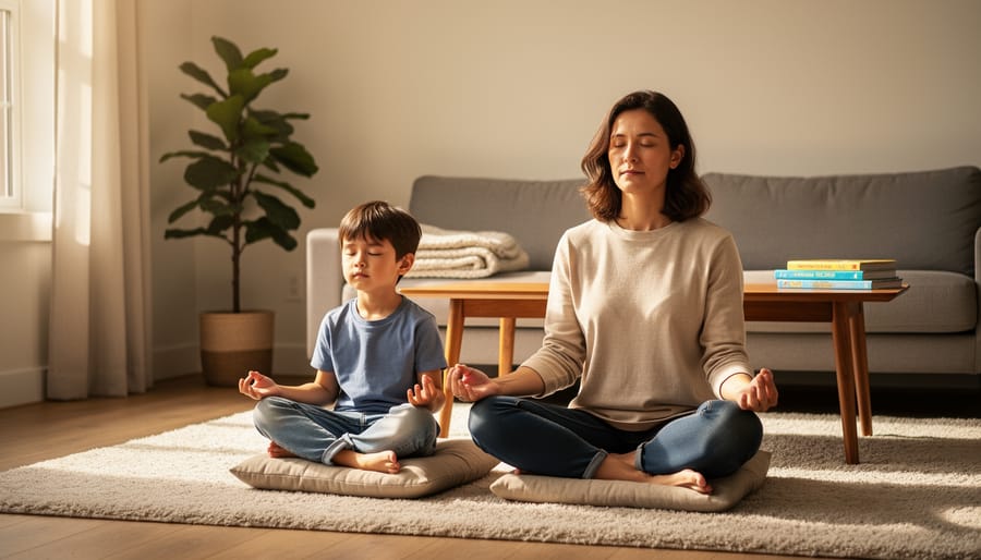 Parent and child sitting calmly on floor cushions in a quiet living room.