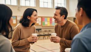 Parents talking warmly in a community school gym at an in-person support event, surrounded by other families in the background.