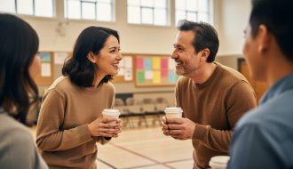 Parents talking warmly in a community school gym at an in-person support event, surrounded by other families in the background.