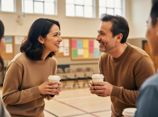 Parents talking warmly in a community school gym at an in-person support event, surrounded by other families in the background.