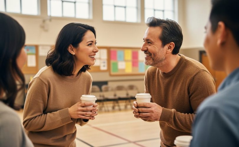 Parents talking warmly in a community school gym at an in-person support event, surrounded by other families in the background.