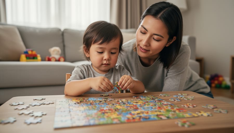 Child concentrating on a jigsaw puzzle with a parent nearby in a cozy room