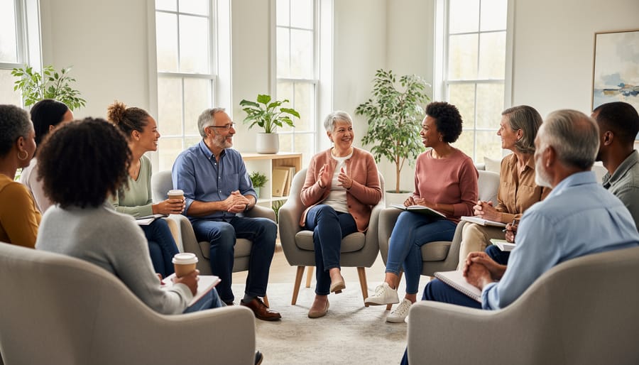 Parents seated together in a community room having a supportive conversation during a parent networking event