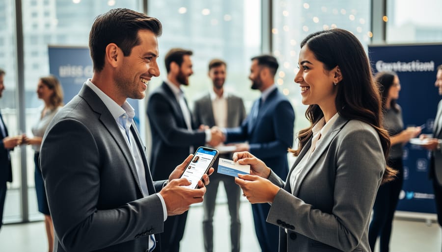 Two parents exchanging business cards and contact information at an in-person support event
