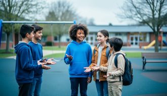 Diverse students on a school playground with one student being welcomed by peers through supportive, inclusive gestures.