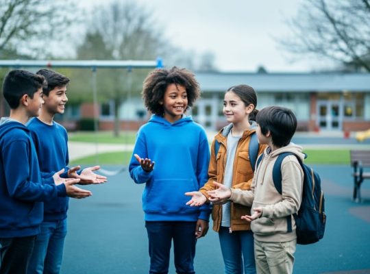 Diverse students on a school playground with one student being welcomed by peers through supportive, inclusive gestures.
