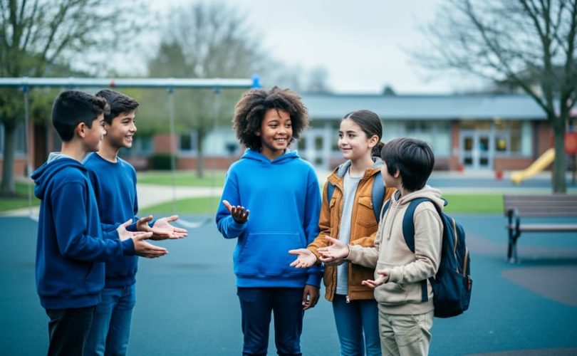 Diverse students on a school playground with one student being welcomed by peers through supportive, inclusive gestures.