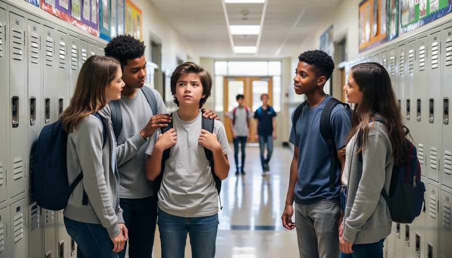 Students showing supportive, peer-led help to a distressed classmate in a school hallway