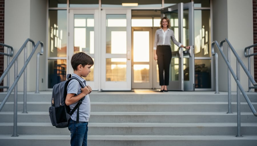 A child with a backpack stands at school steps with a welcoming adult silhouette in the doorway.