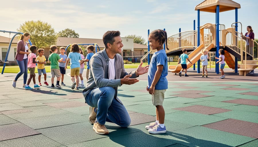 An older student supporting a younger student on a playground near a bench