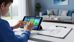 A child using a tablet for ADHD digital therapy on a home desk, with a clinician’s clipboard nearby to suggest prescription medical care.