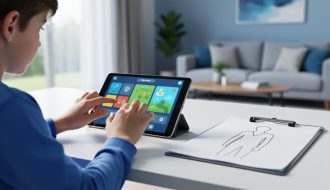 A child using a tablet for ADHD digital therapy on a home desk, with a clinician’s clipboard nearby to suggest prescription medical care.