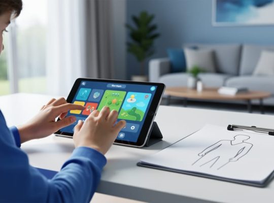 A child using a tablet for ADHD digital therapy on a home desk, with a clinician’s clipboard nearby to suggest prescription medical care.