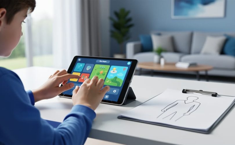 A child using a tablet for ADHD digital therapy on a home desk, with a clinician’s clipboard nearby to suggest prescription medical care.