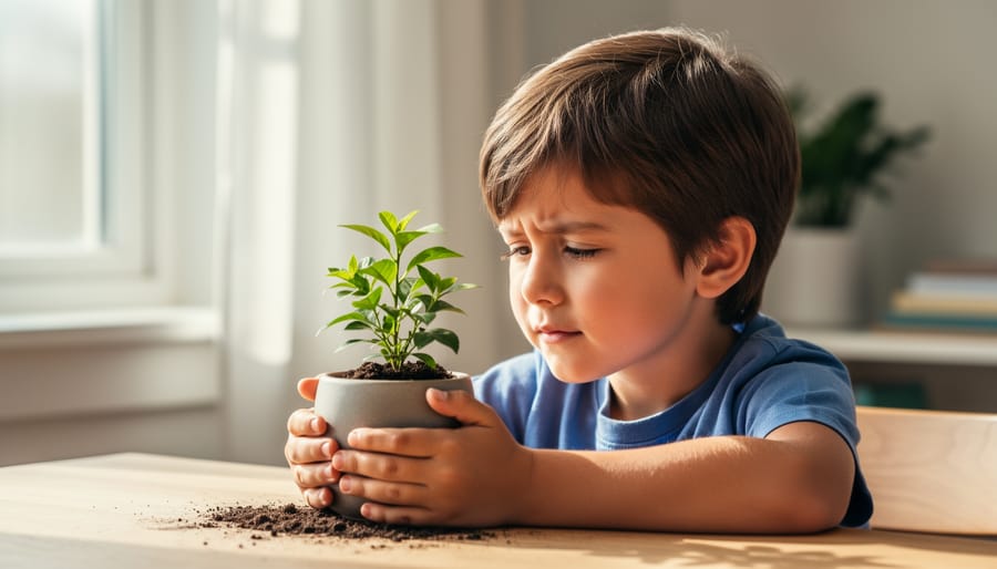 A preschool child kneels beside a small potted plant with a soft balloon-like shape hovering above, symbolizing a growing worry.