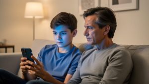 Parent and teenager sitting together in a living room, illuminated by the teen’s smartphone glow, symbolizing how social media algorithms can influence a child’s emotions.