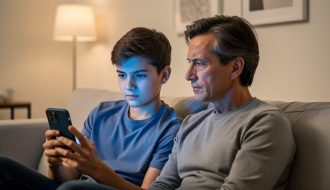 Parent and teenager sitting together in a living room, illuminated by the teen’s smartphone glow, symbolizing how social media algorithms can influence a child’s emotions.