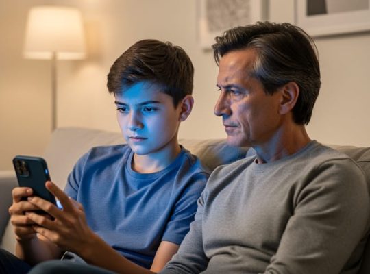Parent and teenager sitting together in a living room, illuminated by the teen’s smartphone glow, symbolizing how social media algorithms can influence a child’s emotions.