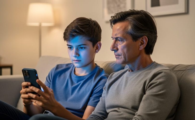 Parent and teenager sitting together in a living room, illuminated by the teen’s smartphone glow, symbolizing how social media algorithms can influence a child’s emotions.