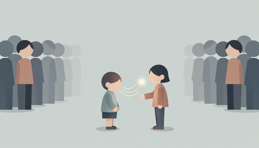 A child in a playground or hallway with a phone glow and a supportive friend in the background, representing social anxiety support.